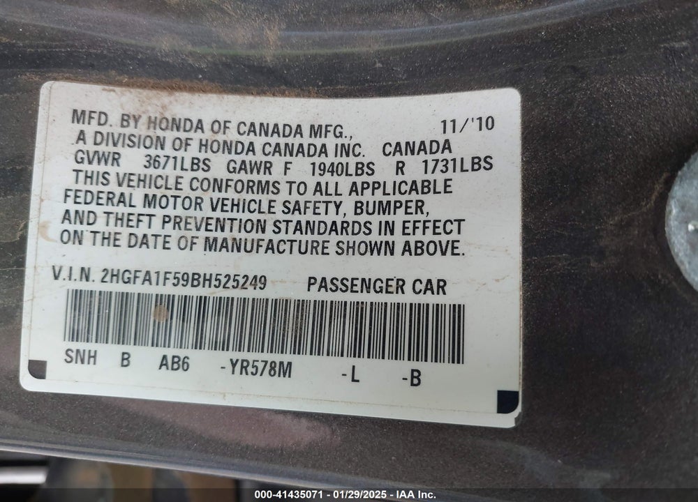 2011 HONDA CIVIC VIN: 2HGFA1F59BH525249