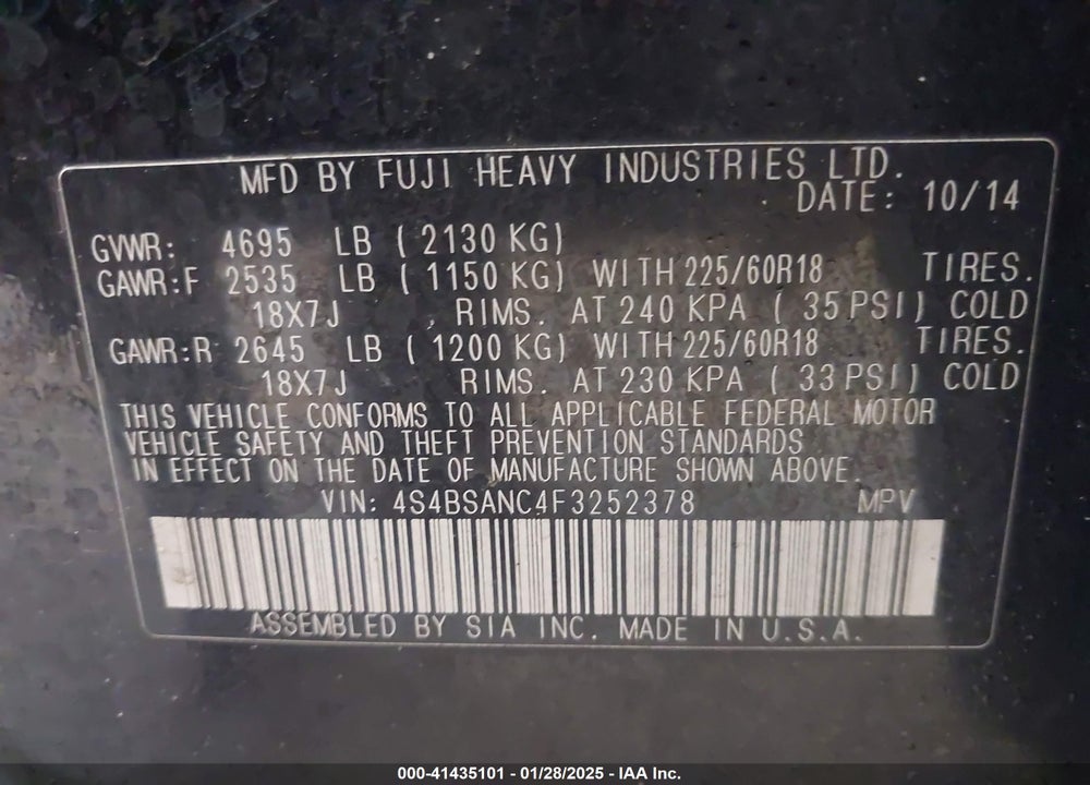 2015 SUBARU OUTBACK VIN: 4S4BSANC4F3252378