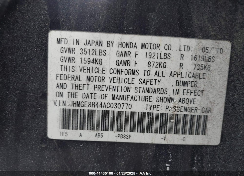2010 HONDA FIT SPORT VIN: JHMGE8H44AC030770