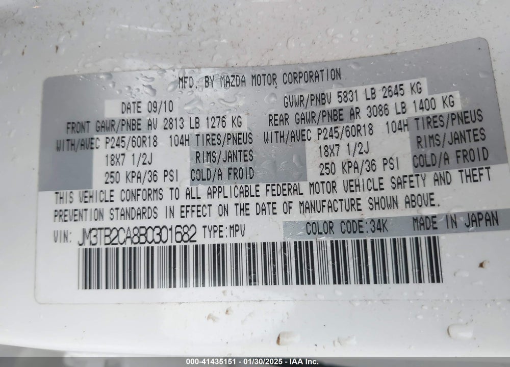 2011 MAZDA CX-9 TOURING VIN: JM3TB2CA8B0301682