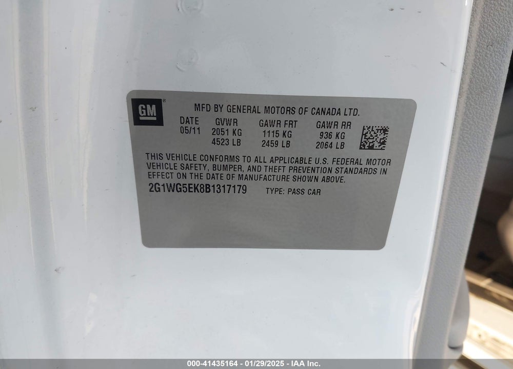 2011 CHEVROLET IMPALA VIN: 2G1WG5EK8B1317179
