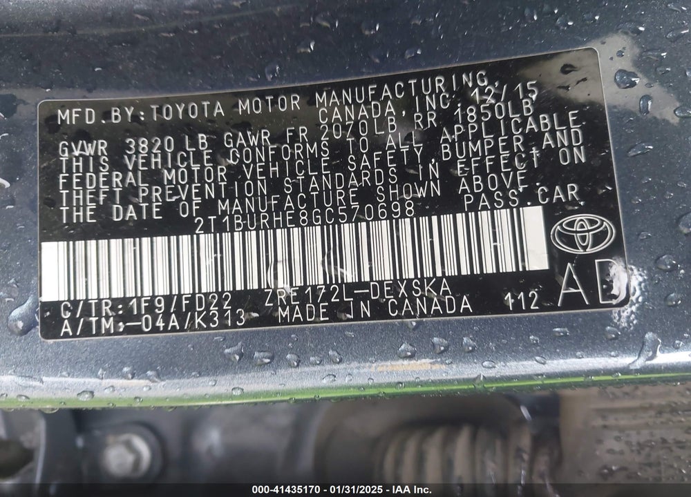 2016 TOYOTA COROLLA VIN: 2T1BURHE8GC570698