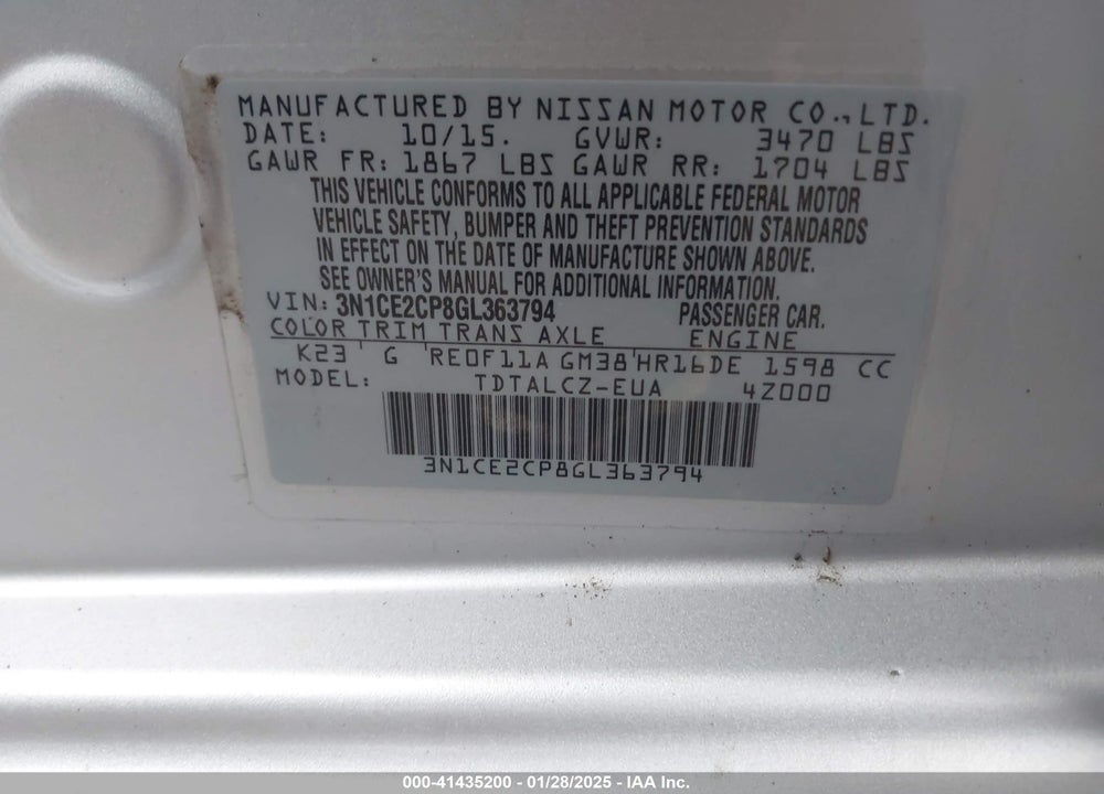 2016 NISSAN VERSA NOTE VIN: 3N1CE2CP8GL363794