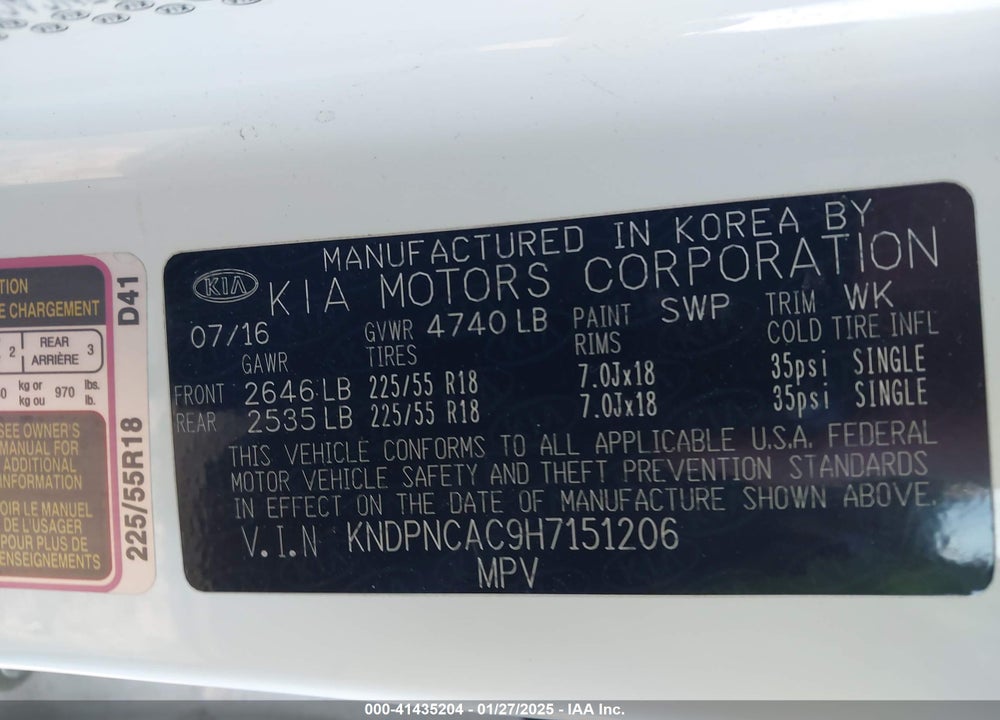 2017 KIA SPORTAGE VIN: KNDPNCAC9H7151206