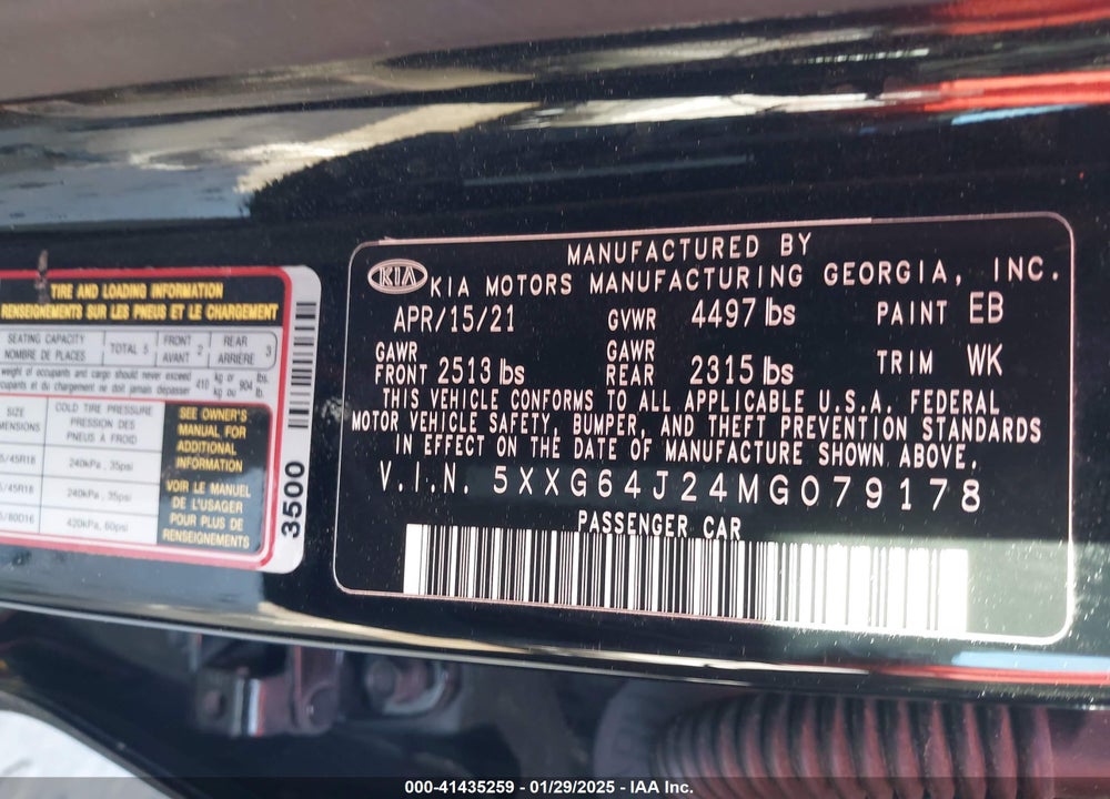 2021 KIA K5 VIN: 5XXG64J24MG079178
