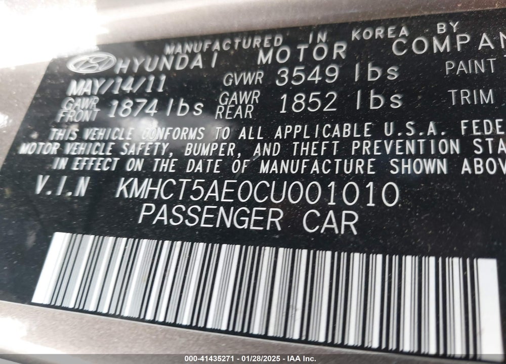 2012 HYUNDAI ACCENT GS VIN: KMHCT5AE0CU001010