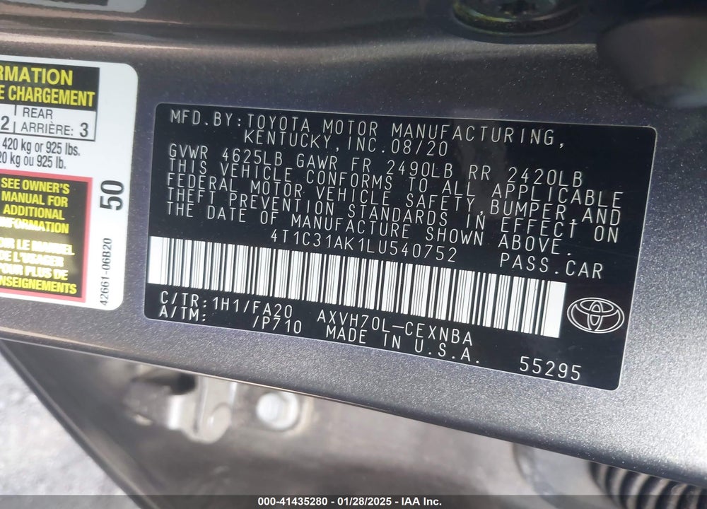 2020 TOYOTA CAMRY VIN: 4T1C31AK1LU540752