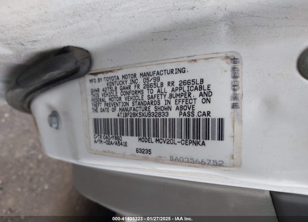 1999 TOYOTA CAMRY LE V6 VIN: 4T1BF28K5XU932833
