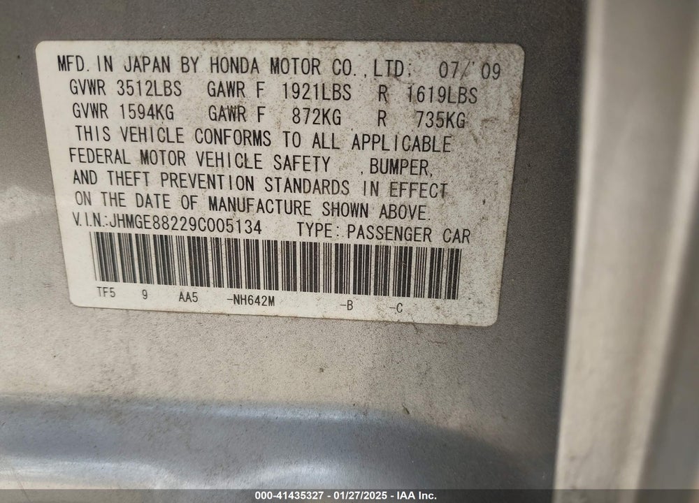 2009 HONDA FIT VIN: JHMGE88229C005134