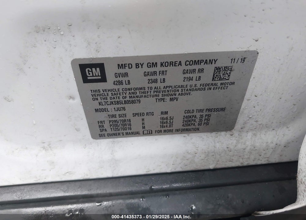 2020 CHEVROLET TRAX FWD LS VIN: KL7CJKSB5LB058079