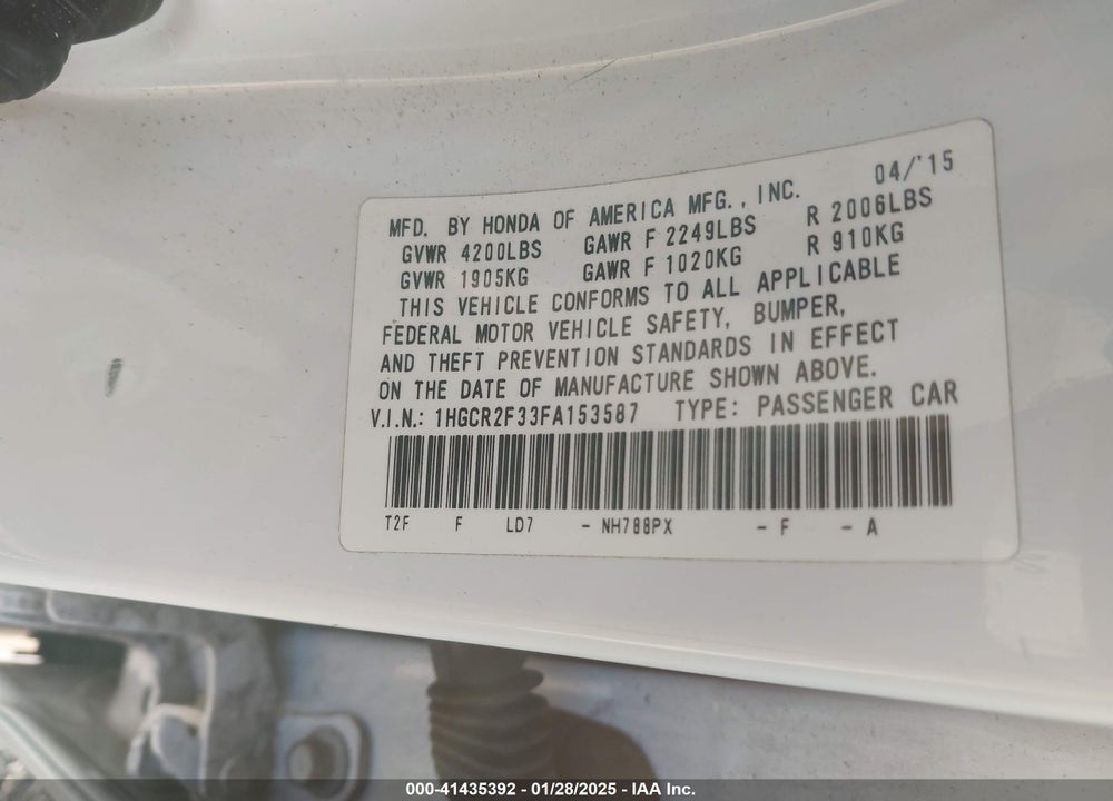 2015 HONDA ACCORD VIN: 1HGCR2F33FA153587