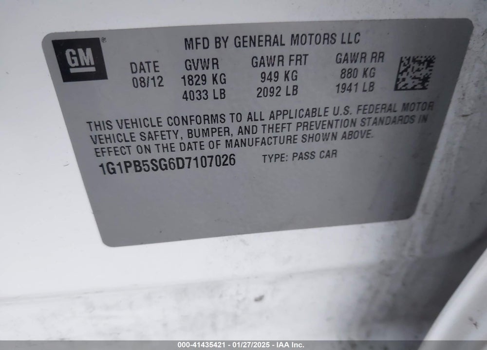 2013 CHEVROLET CRUZE LS MANUAL VIN: 1G1PB5SG6D7107026