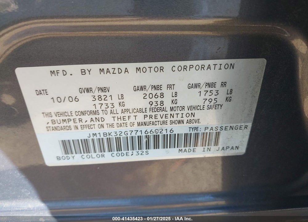 2007 MAZDA 3 I VIN: JM1BK32G771660216