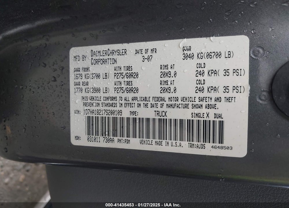 2007 DODGE RAM 1500 SLT VIN: 1D7HA18217S200109