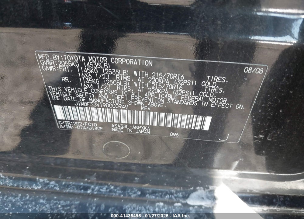 2009 TOYOTA RAV4 VIN: JTMBF33V19D000949