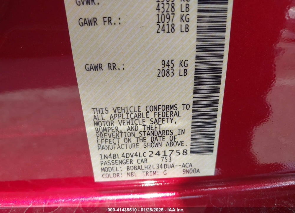 2020 NISSAN ALTIMA VIN: 1N4BL4DV4LC241758