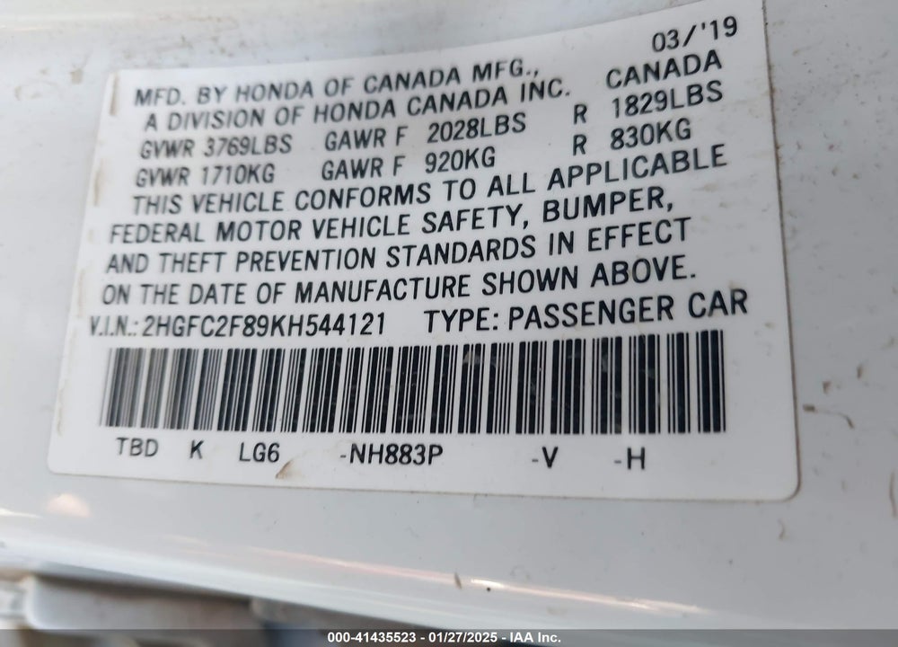 2019 HONDA CIVIC VIN: 2HGFC2F89KH544121