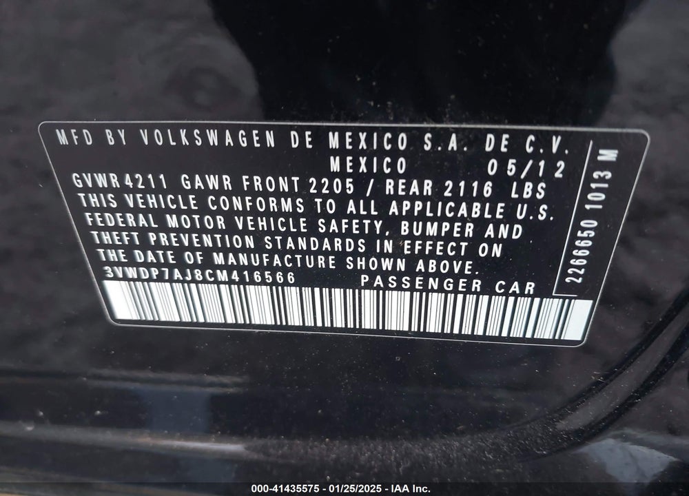 2012 VOLKSWAGEN JETTA VIN: 3VWDP7AJ8CM416566