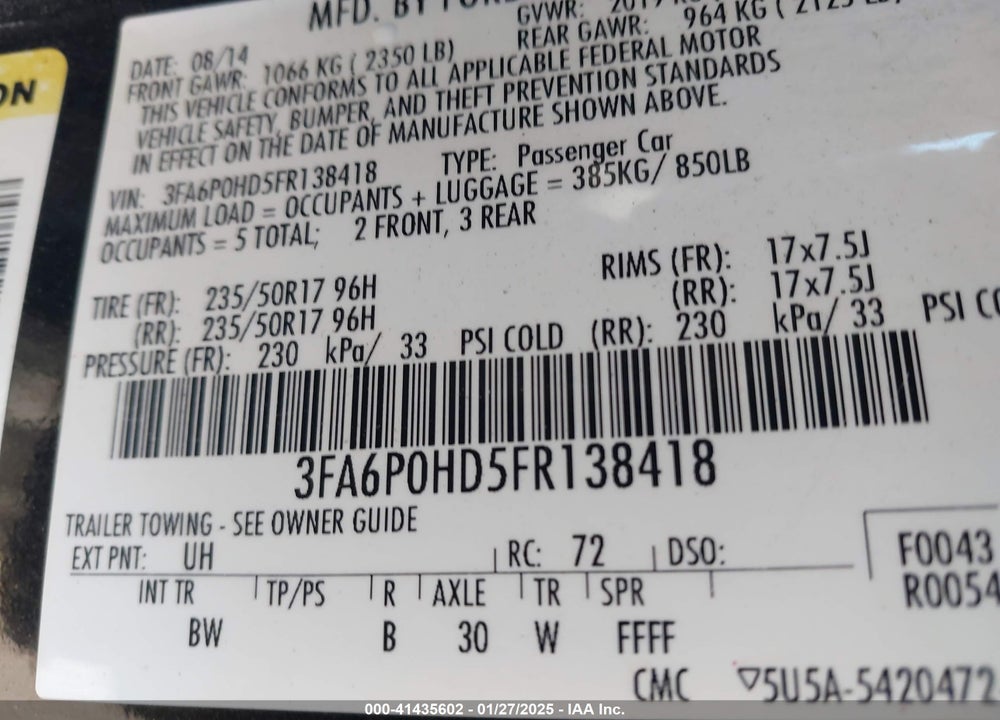 2015 FORD FUSION VIN: 3FA6P0HD5FR138418