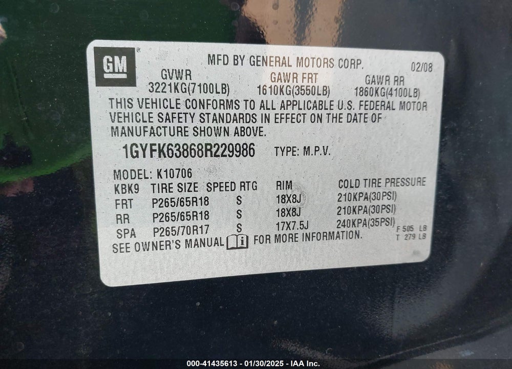 2008 CADILLAC ESCALADE STANDARD VIN: 1GYFK63868R229986