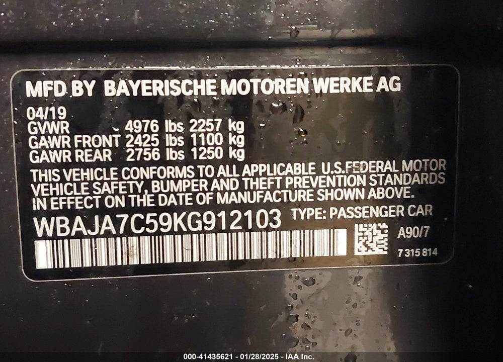 2019 BMW 530I XDRIVE VIN: WBAJA7C59KG912103