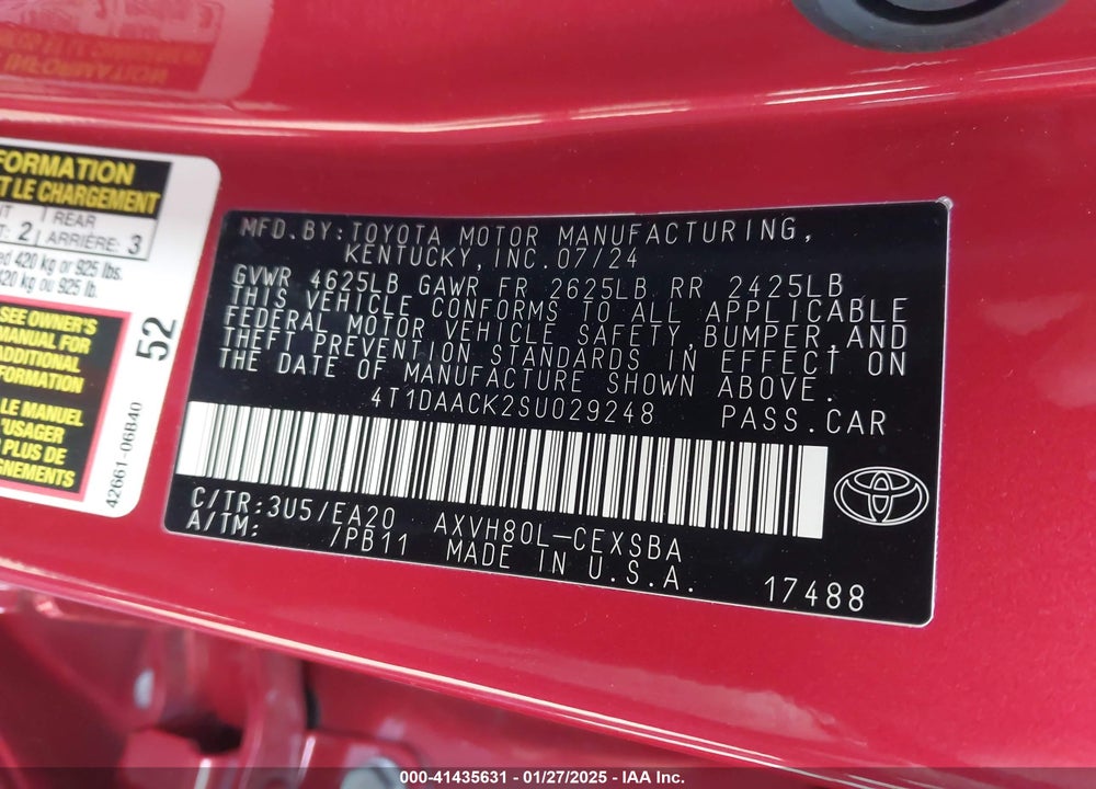 2025 TOYOTA CAMRY VIN: 4T1DAACK2SU029248