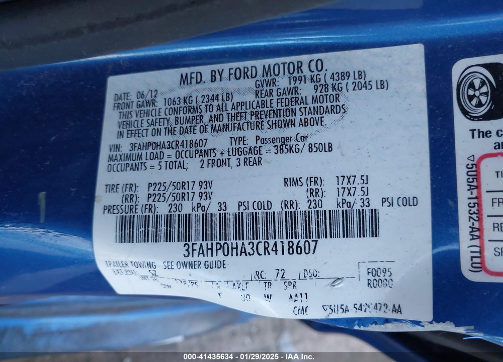 2012 FORD FUSION VIN: 3FAHP0HA3CR418607