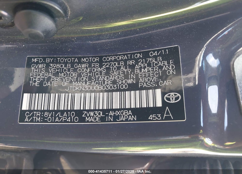 2011 TOYOTA PRIUS FOUR VIN: JTDKN3DU0B0303100