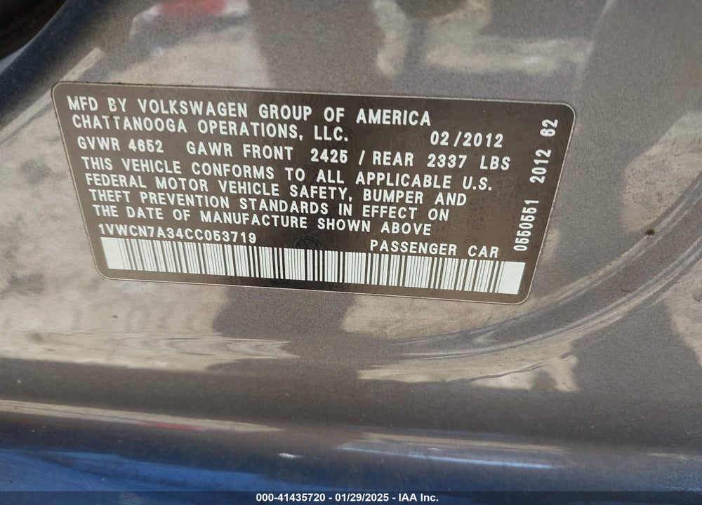 2012 VOLKSWAGEN PASSAT VIN: 1VWCN7A34CC053719