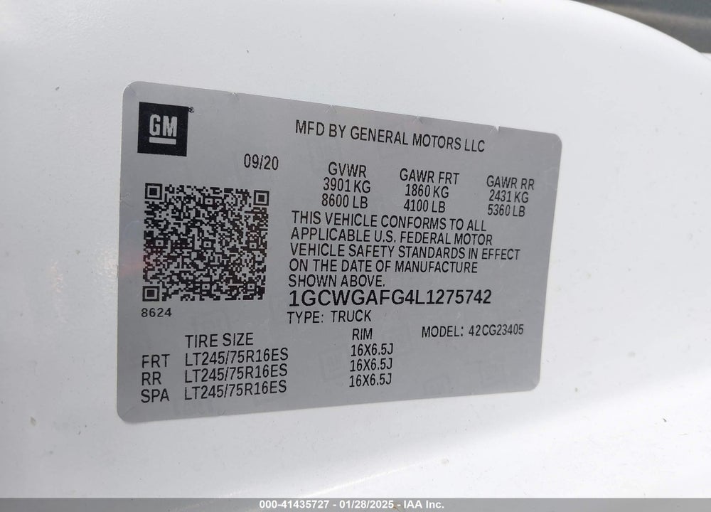 2020 CHEVROLET EXPRESS CARGO VIN: 1GCWGAFG4L1275742