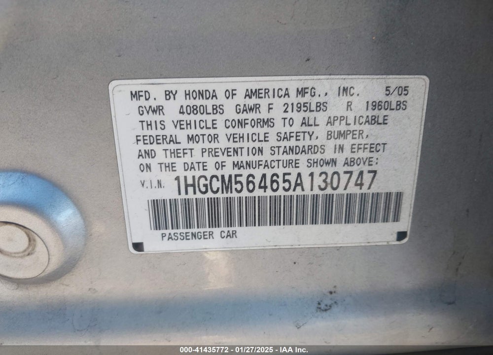 2005 HONDA ACCORD 2.4 LX VIN: 1HGCM56465A130747