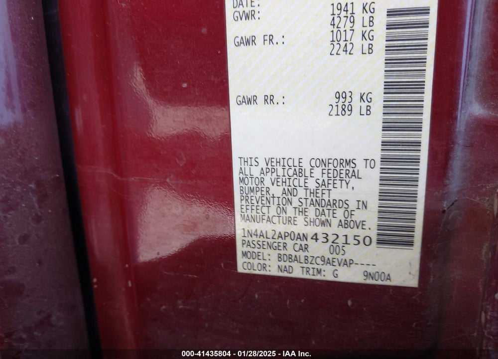 2010 NISSAN ALTIMA VIN: 1N4AL2AP0AN432150