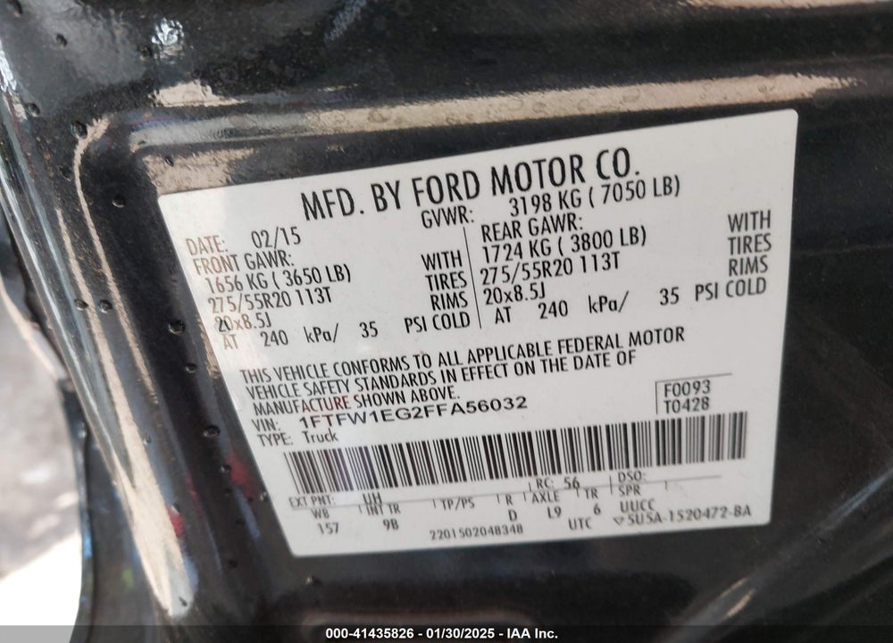 2015 FORD F-150 VIN: 1FTFW1EG2FFA56032