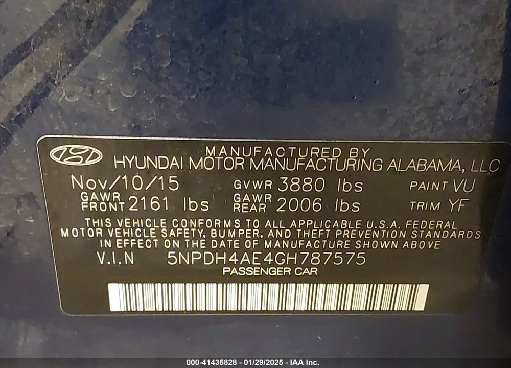 2016 HYUNDAI ELANTRA VIN: 5NPDH4AE4GH787575