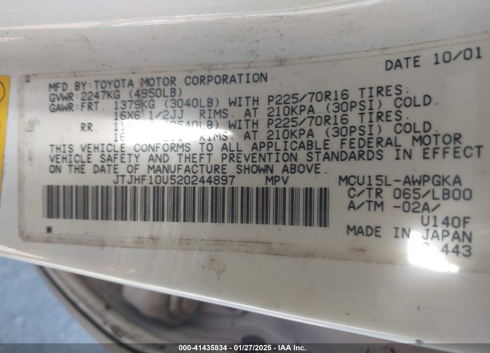 2002 LEXUS RX 300 VIN: JTJHF10U520244897