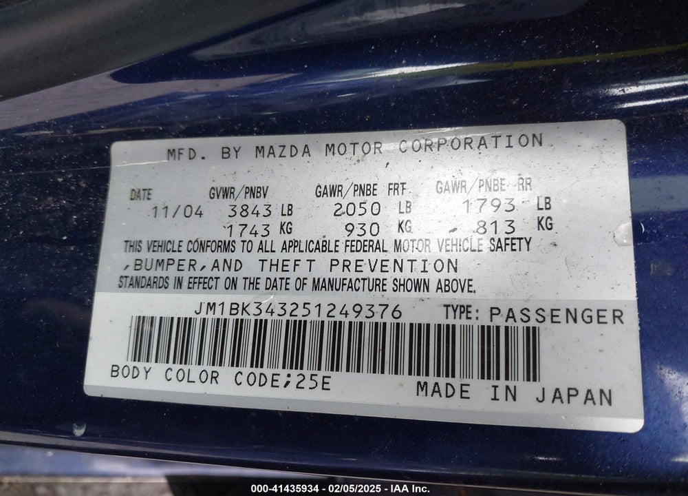 2005 MAZDA 3 S VIN: JM1BK343251249376