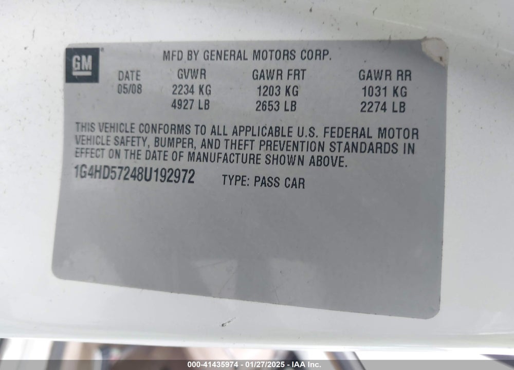 2008 BUICK LUCERNE CXL VIN: 1G4HD57248U192972