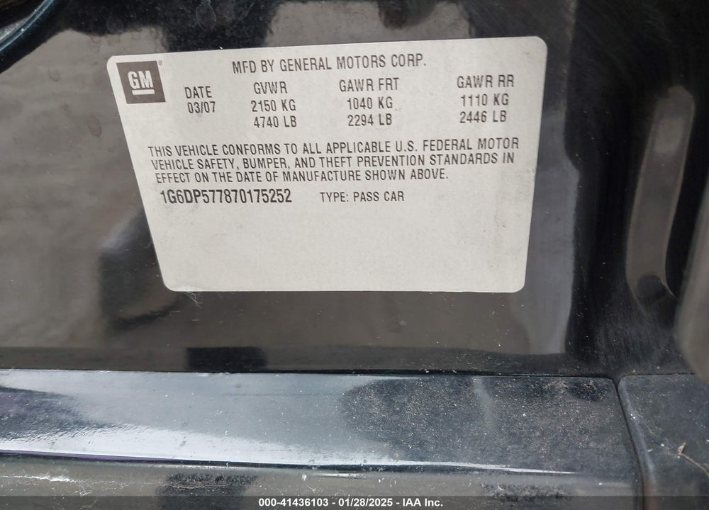 2007 CADILLAC CTS STANDARD VIN: 1G6DP577870175252