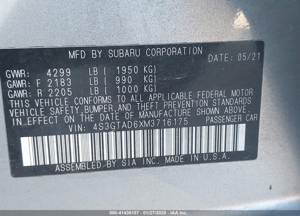 2021 SUBARU IMPREZA VIN: 4S3GTAD6XM3716175