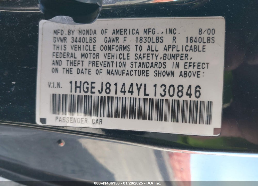 2000 HONDA CIVIC VIN: 1HGEJ8144YL130846