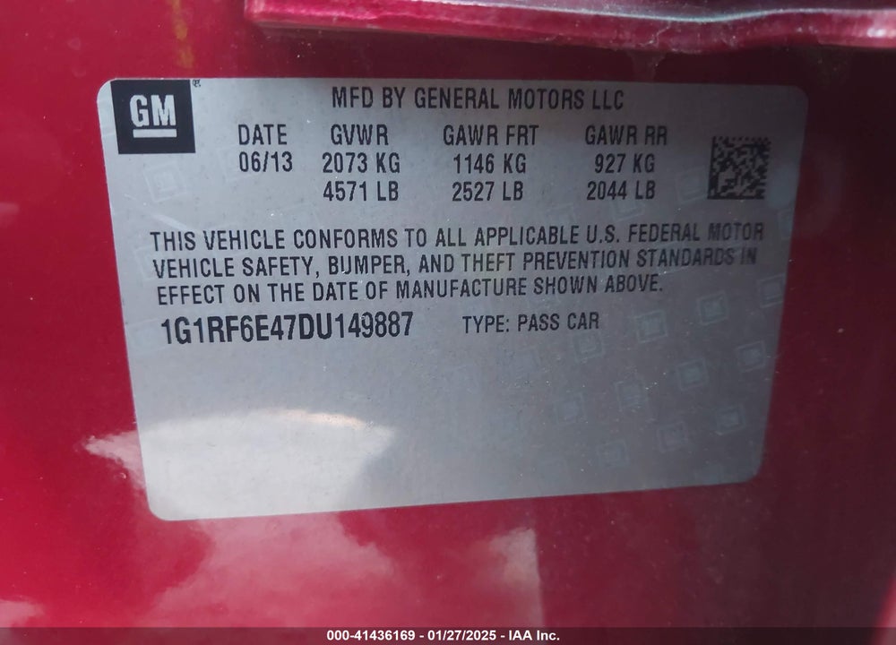 2013 CHEVROLET VOLT VIN: 1G1RF6E47DU149887