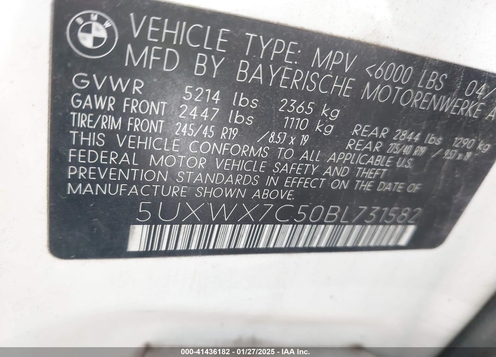 2011 BMW X3 XDRIVE35I VIN: 5UXWX7C50BL731582