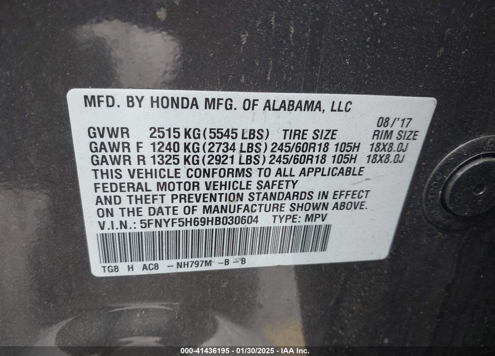 2017 HONDA PILOT EX-L VIN: 5FNYF5H69HB030604