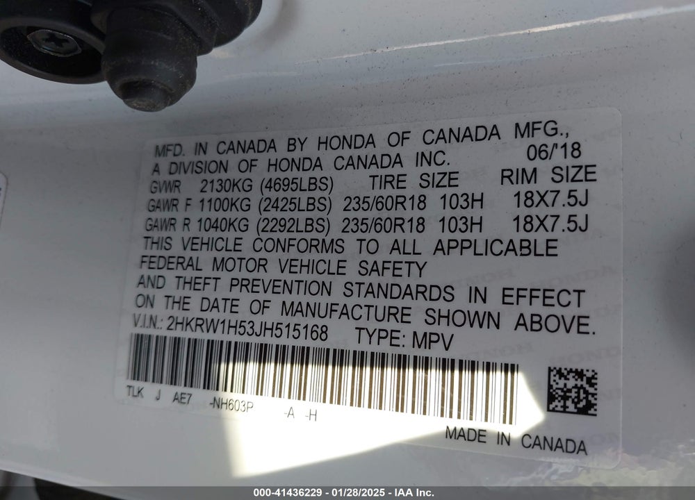 2018 HONDA CR-V EX VIN: 2HKRW1H53JH515168