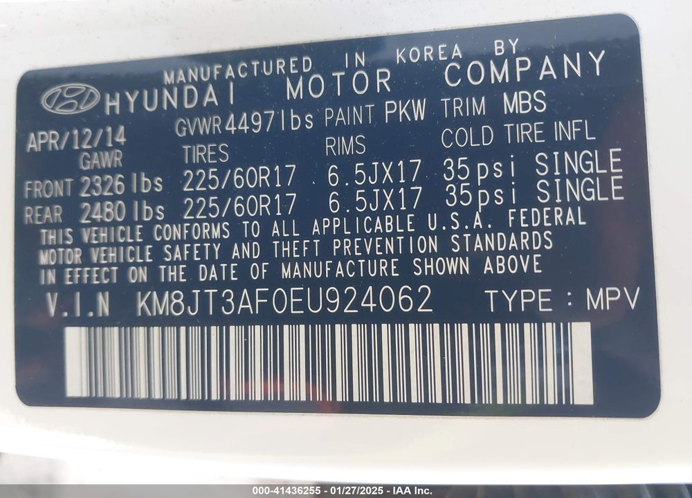 2014 HYUNDAI TUCSON GLS VIN: KM8JT3AF0EU924062