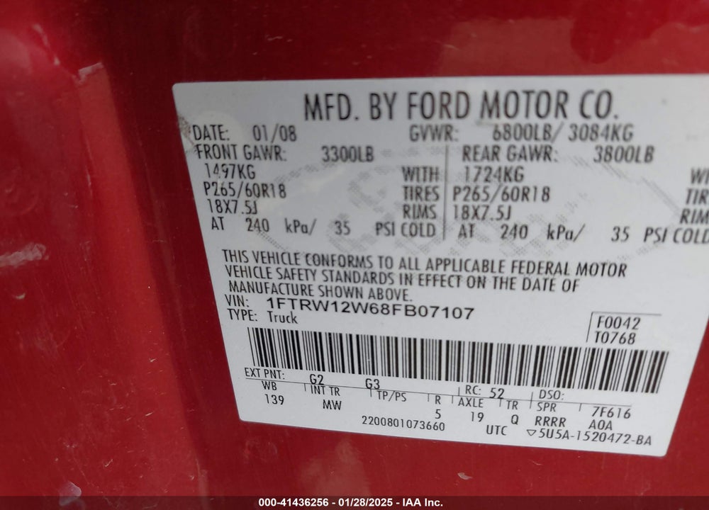 2008 FORD F-150 VIN: 1FTRW12W68FB07107