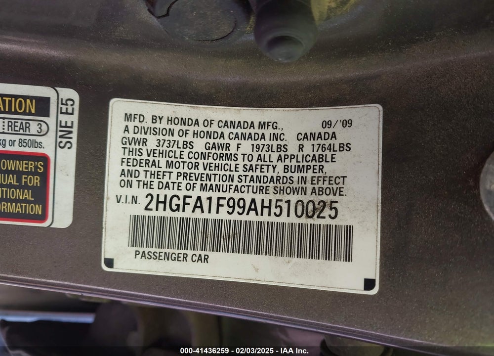 2010 HONDA CIVIC VIN: 2HGFA1F99AH510025