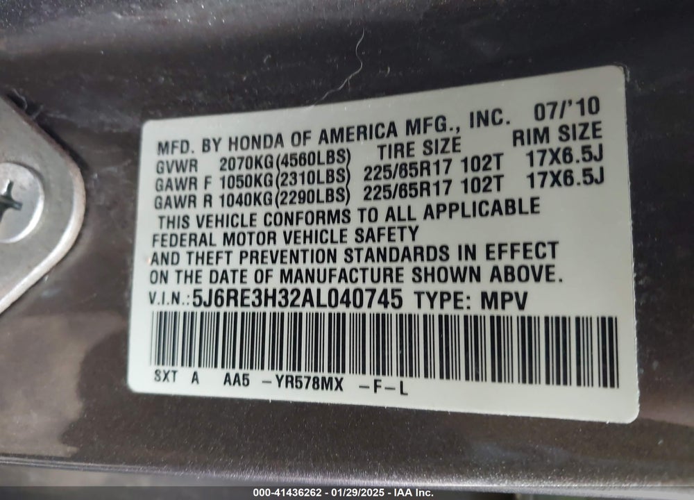 2010 HONDA CR-V VIN: 5J6RE3H32AL040745