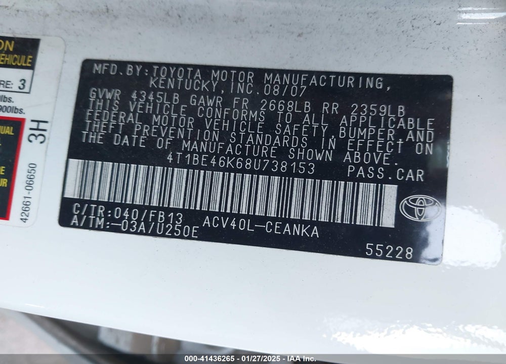 2008 TOYOTA CAMRY VIN: 4T1BE46K68U738153