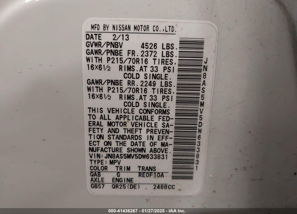 2013 NISSAN ROGUE S VIN: JN8AS5MV5DW633831